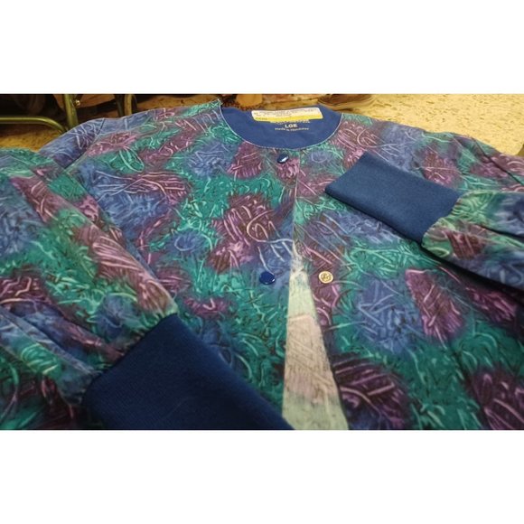 Landau Women's LS Scrub Top Large Purple/Green/Blue Snap-Up - Picture 2 of 3